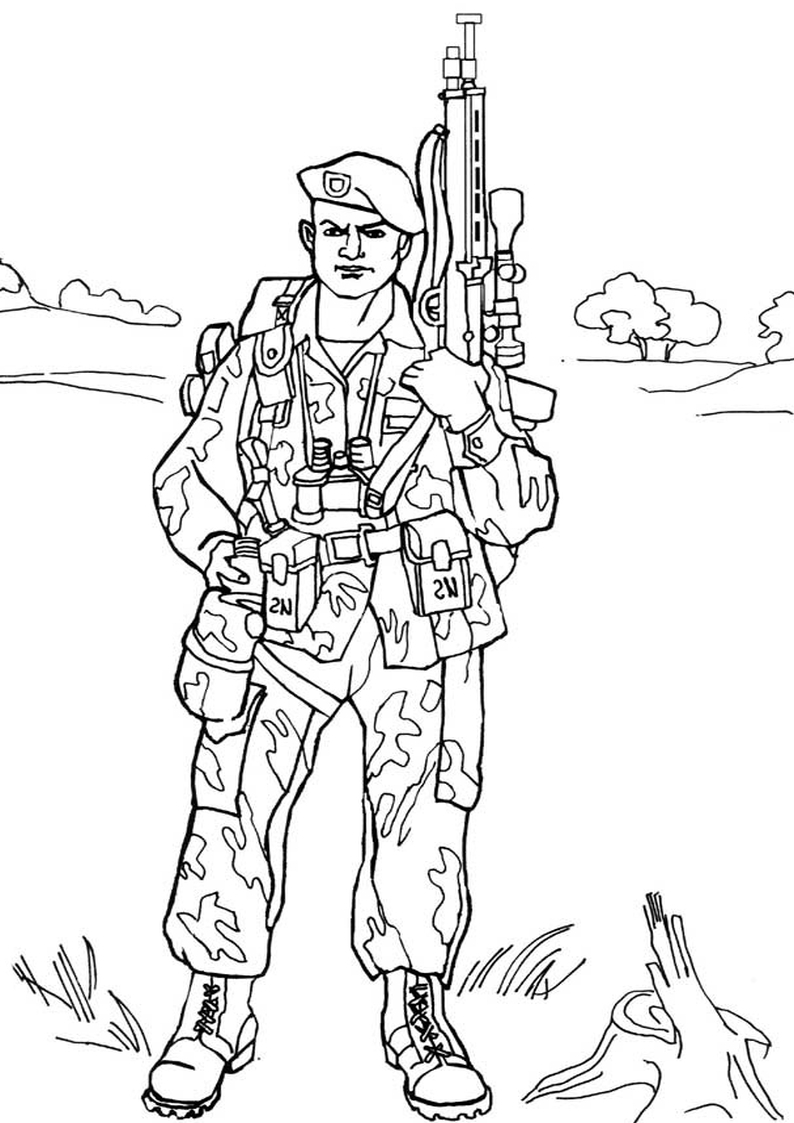 kolorowanka wojsko żołnierz w polowym mundurze z karabinem snajperskim, malowanka do wydruku dla chłopców nr 4